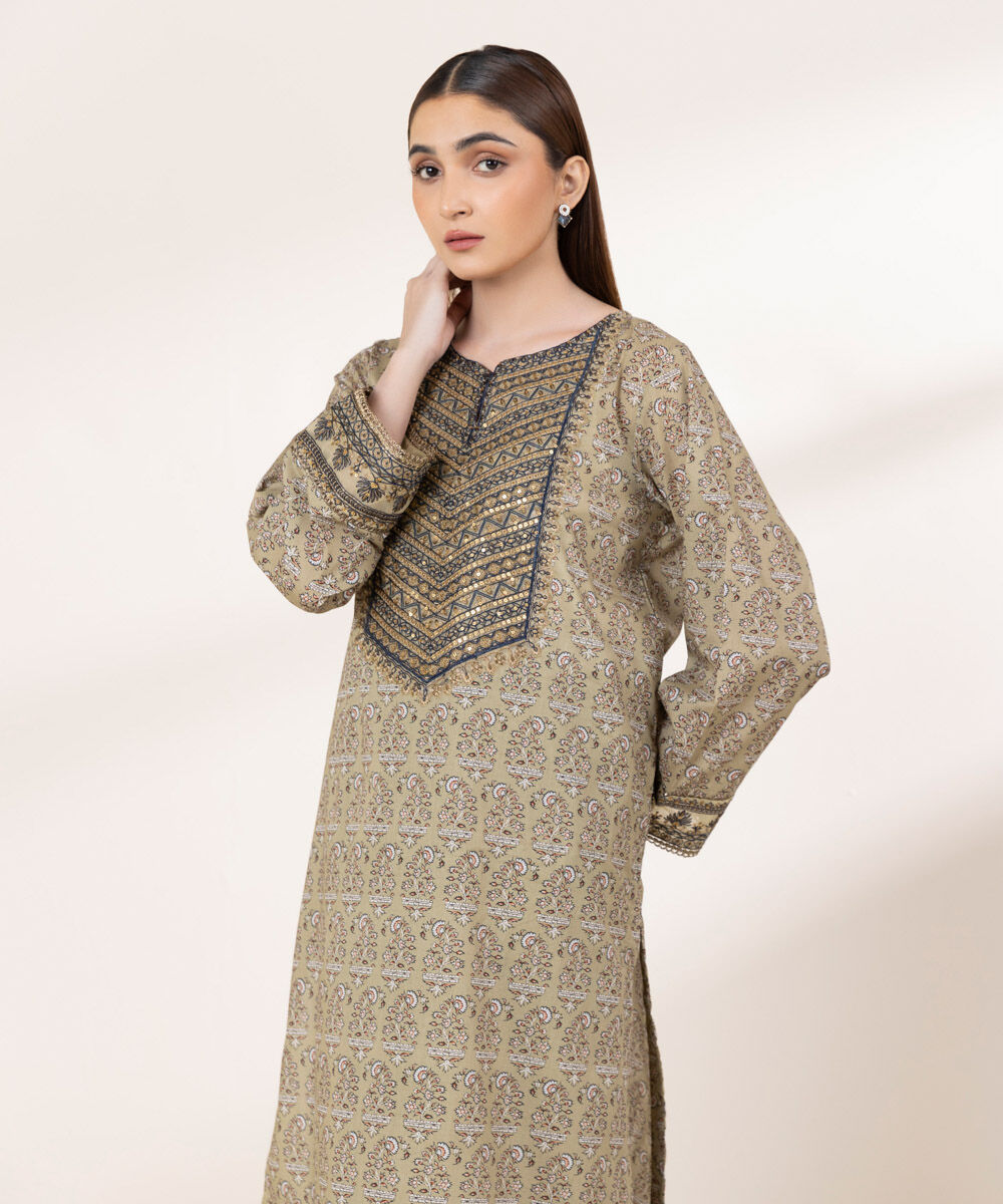 Women's RTW Lawn Green Embroidered A-Line Shirt