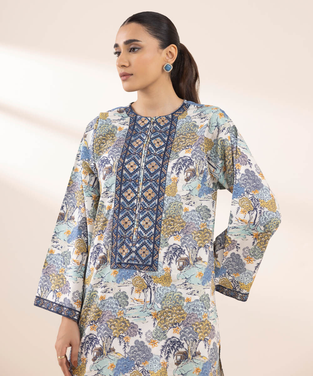 Women's RTW Cotton Viscose Blue Embroidered Boxy Shirt