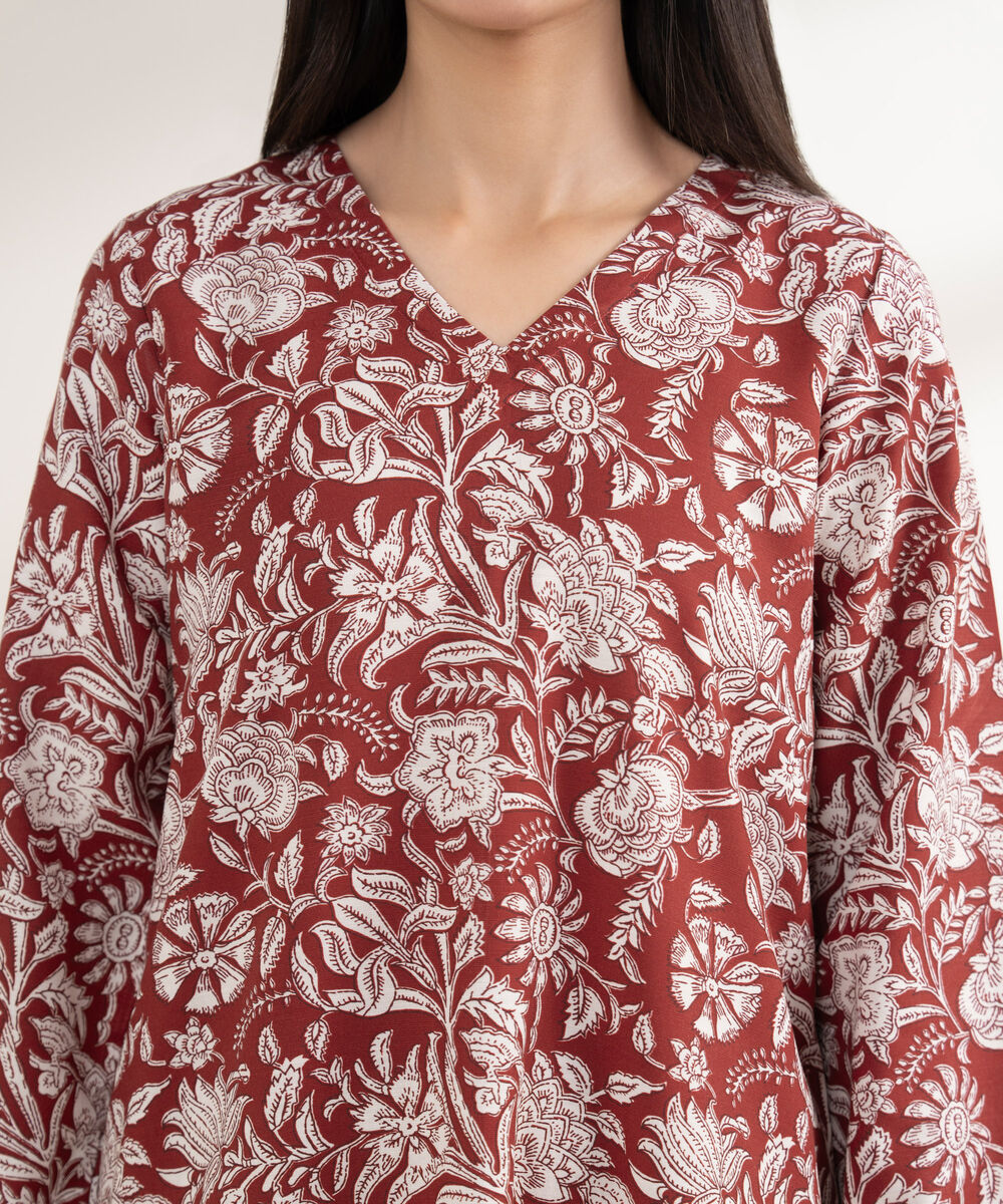 Women's RTW Arabic Khaddar Printed Straight Red Shirt
