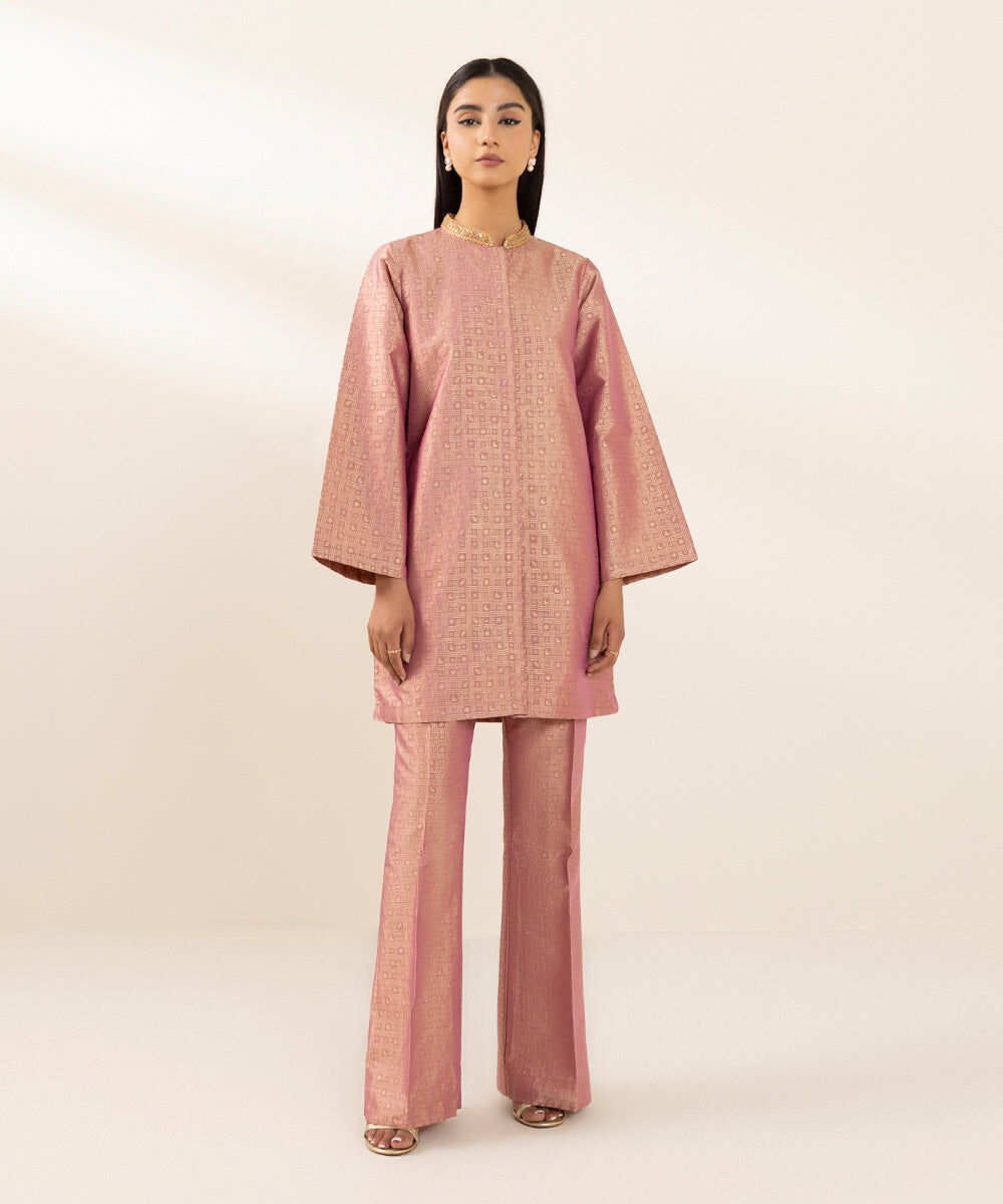 Women's Pret Blended Jacquard Light Mauve Front Open Jacket