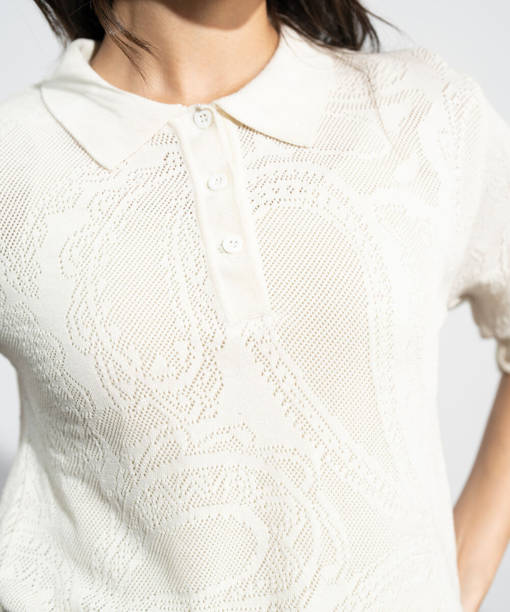 Women's Western Offwhite Pointelle Summer Knit Polo Top
