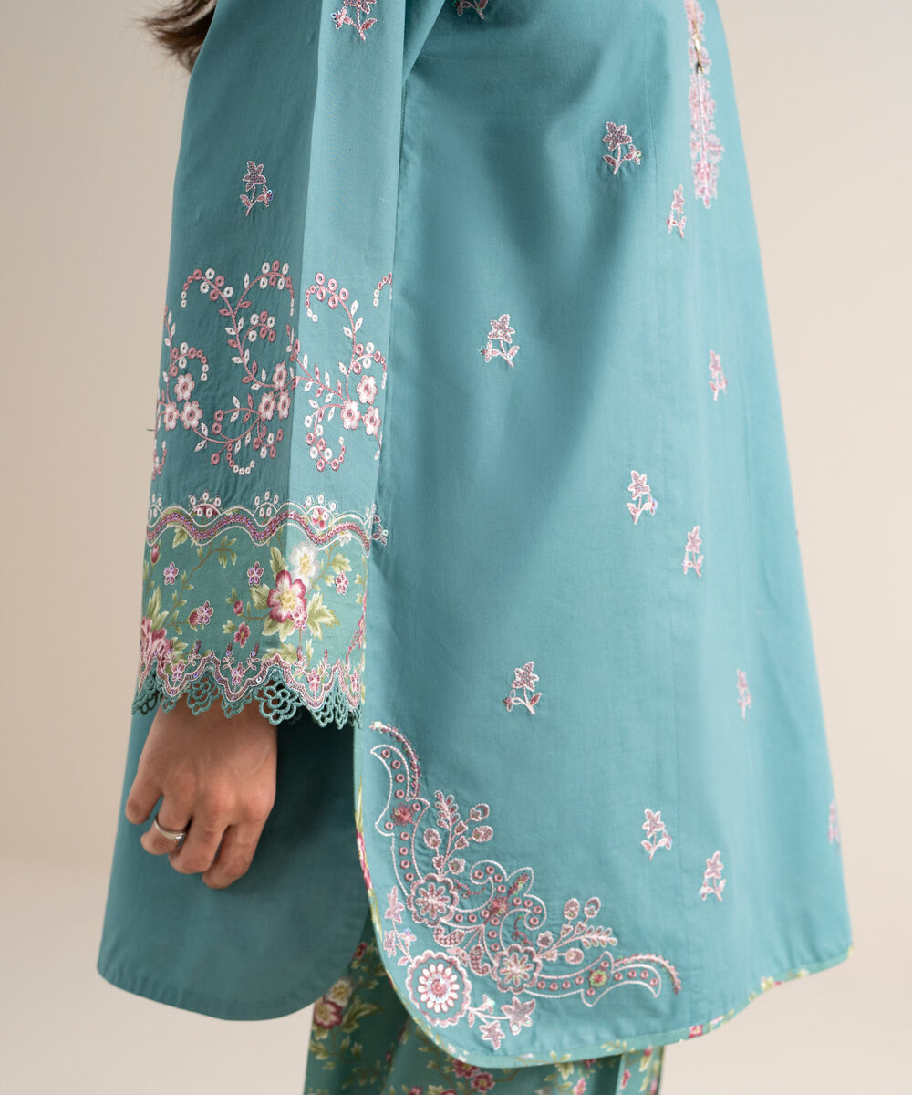 Women's Unstitched Slub Lawn Embroidered Blue  3 Piece Suit
