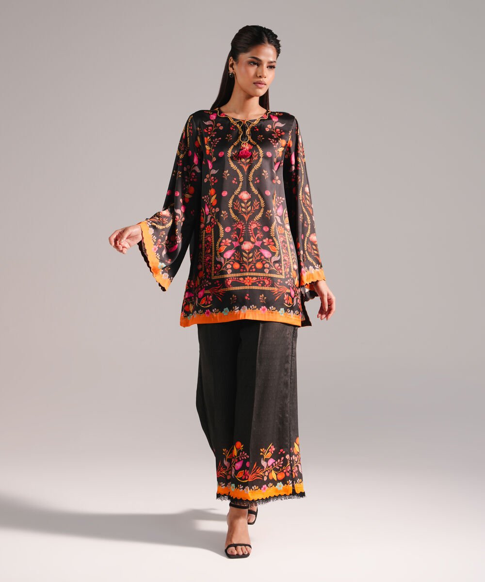 Women's RTW Blended Satin Printed Black 2 Piece Suit