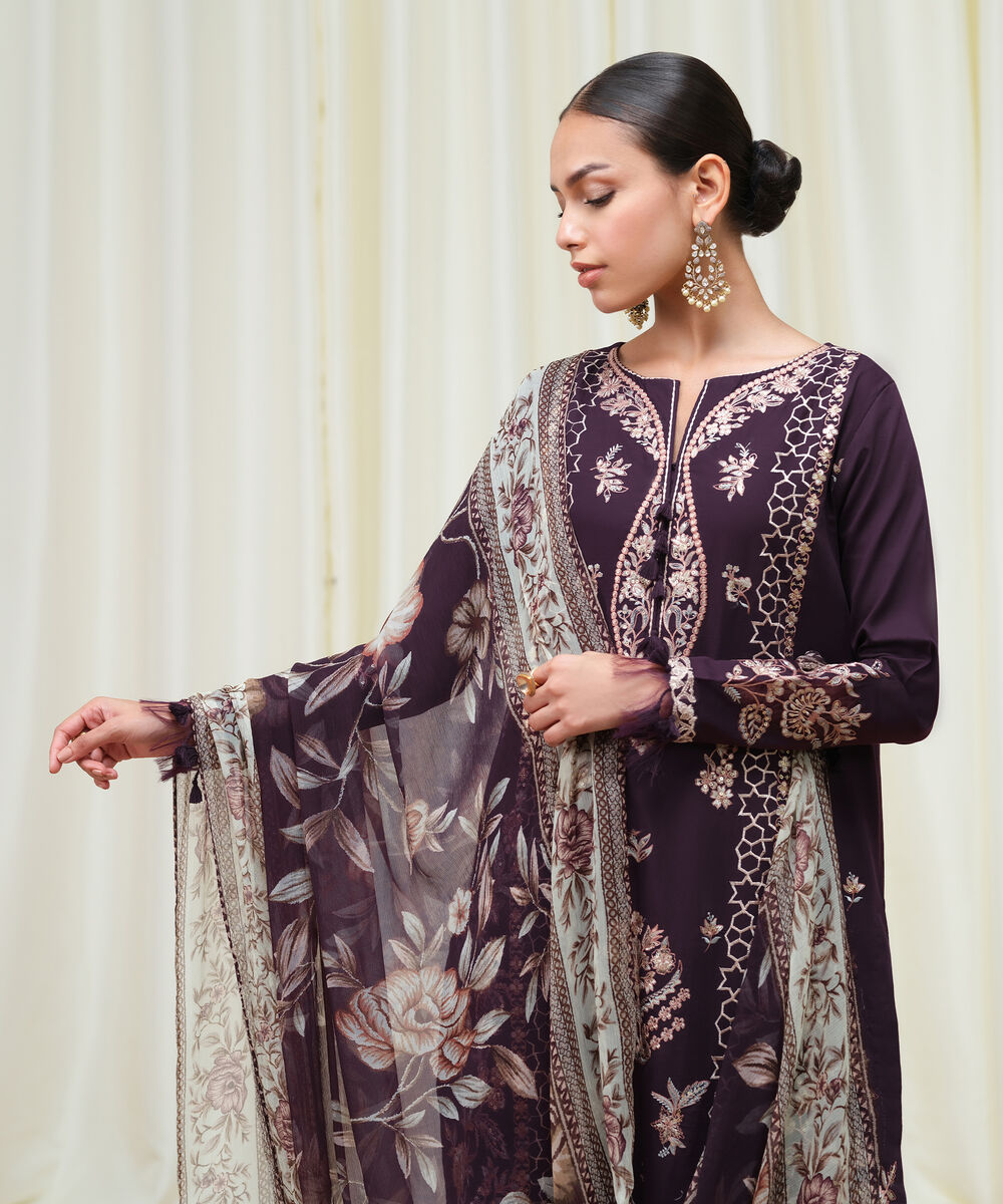 Women's Unstitched Fine Cotton Satin Embroidered Purple 3 Piece Suit