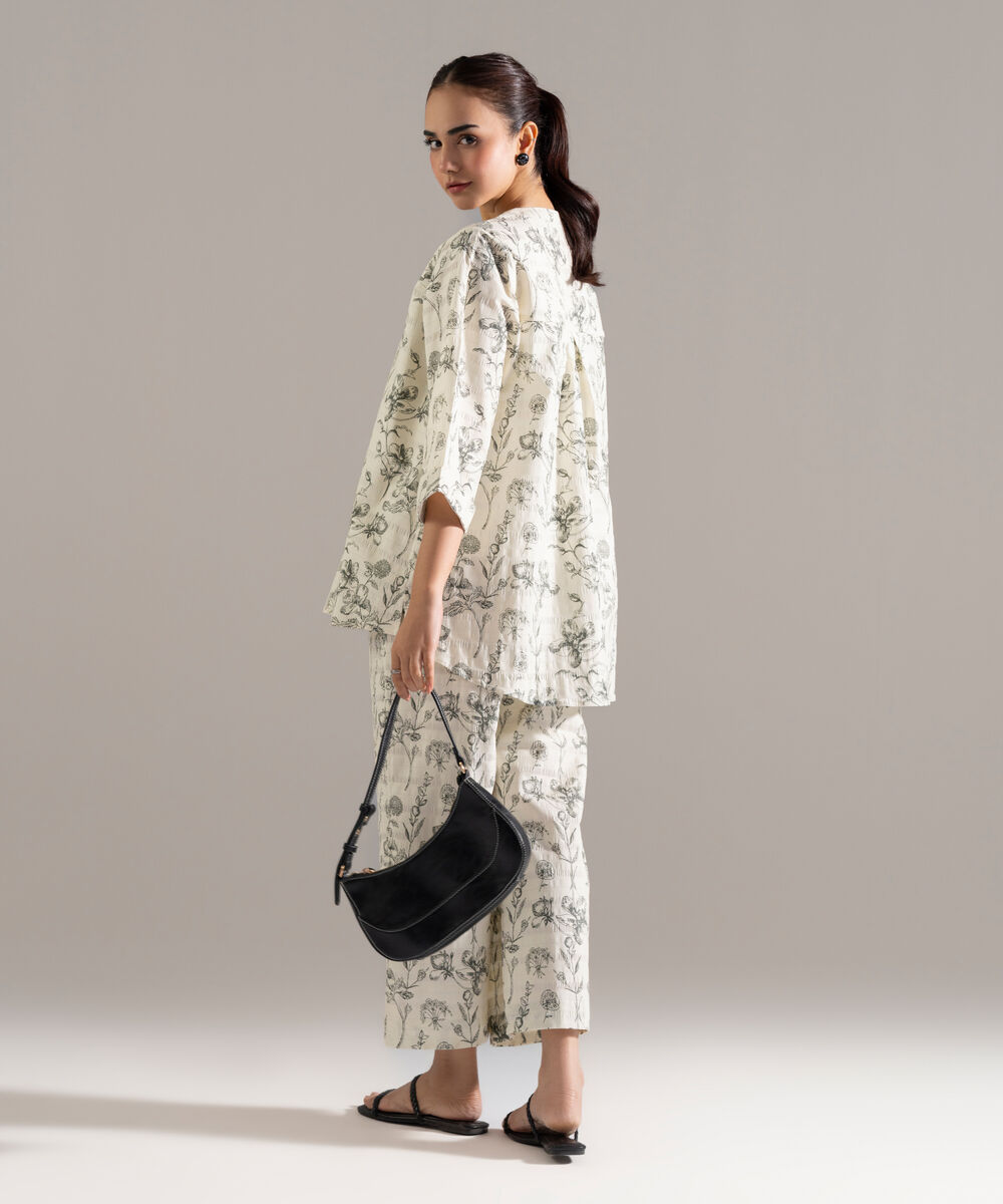 Women's RTW Seersucker Printed Cream White 2 Piece Suit