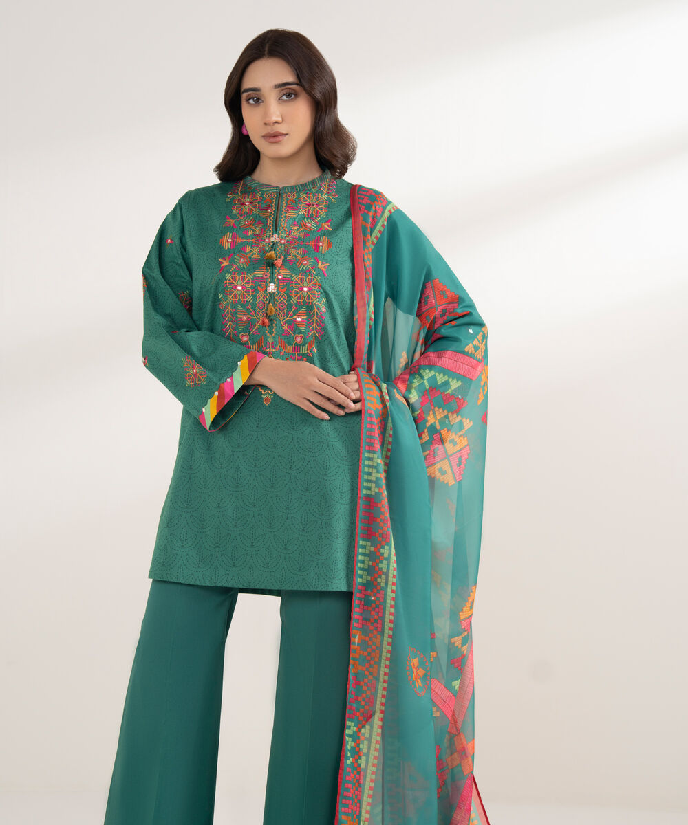 Women's Unstitched Cotton Embroidered Green 3 Piece Suit
