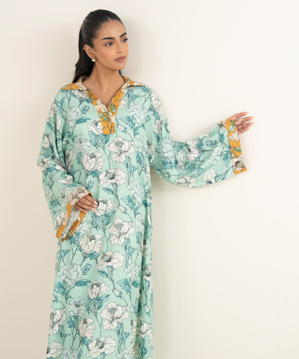 Women's RTW Herringbone Printed Turquoise Straight Shirt