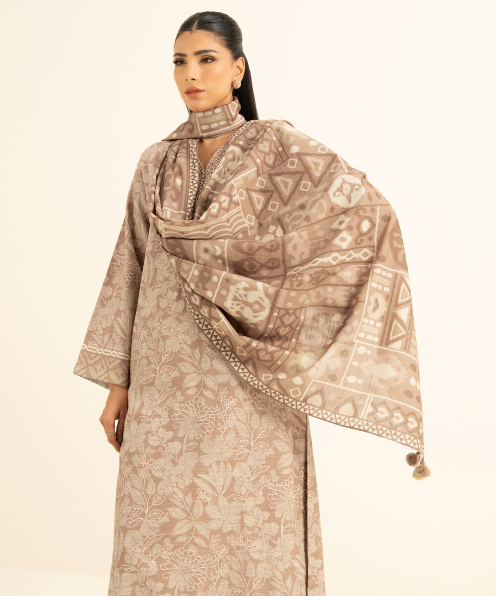 Women's Unstitched Printed Cotton Fawn and Off White 3 Piece Suit