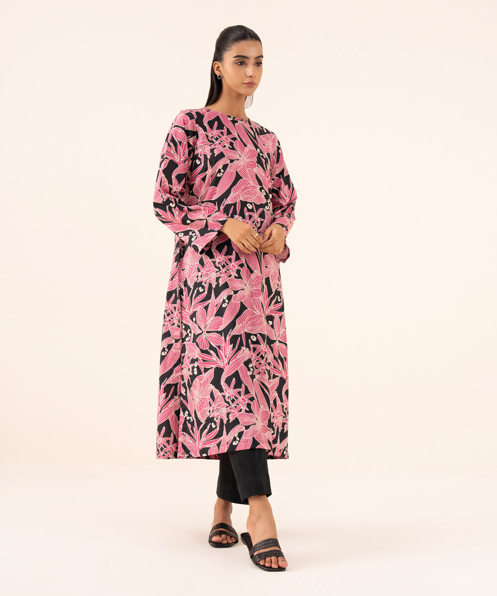 Women's RTW Viscose Lawn Salmon Pink Printed Straight Shirt