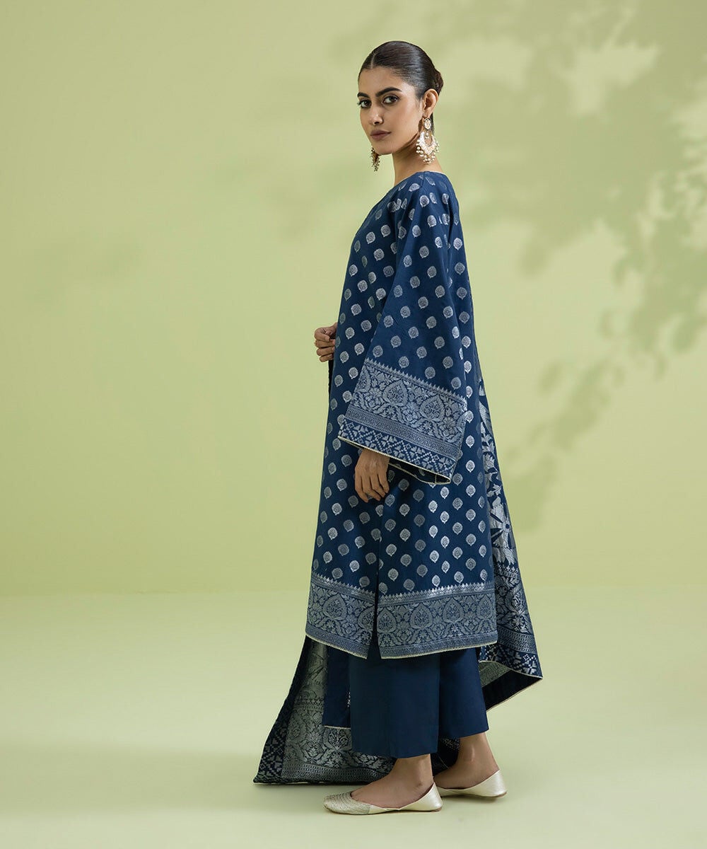 Eid Unstitched Women's Printed Extra Weft Jacquard Navy Blue 3 Piece Suit