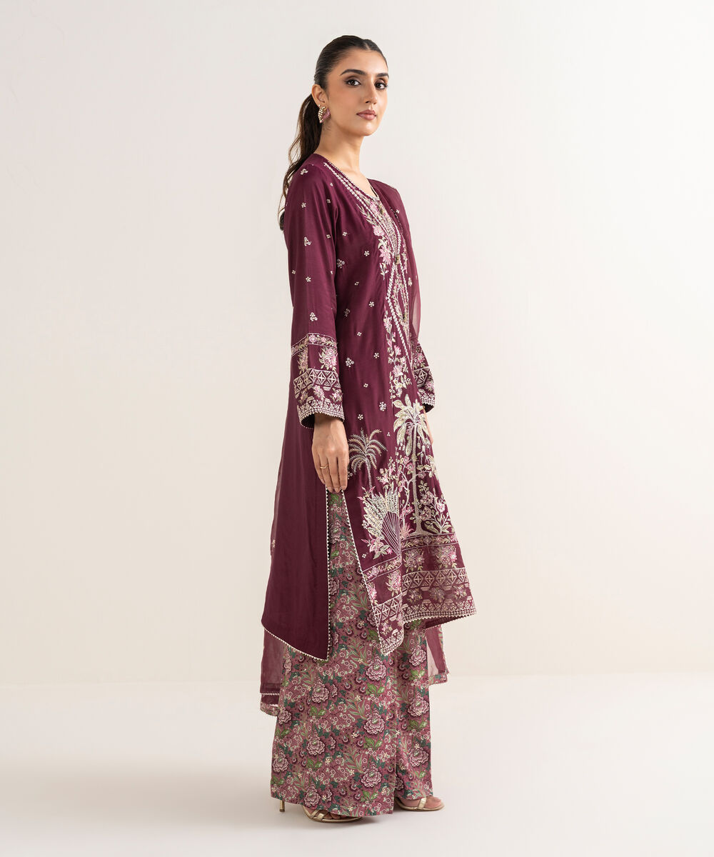 Women's RTW Viscose Raw Silk Embroidered Purple Three Piece Suit