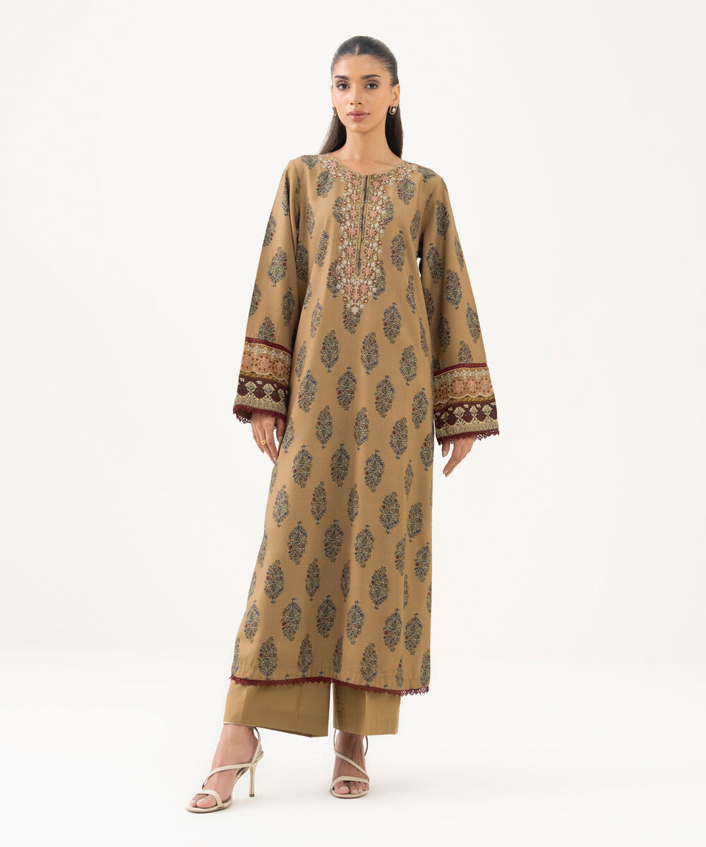 Women's RTW Cotton Viscose Embroidered Straight Brown Shirt