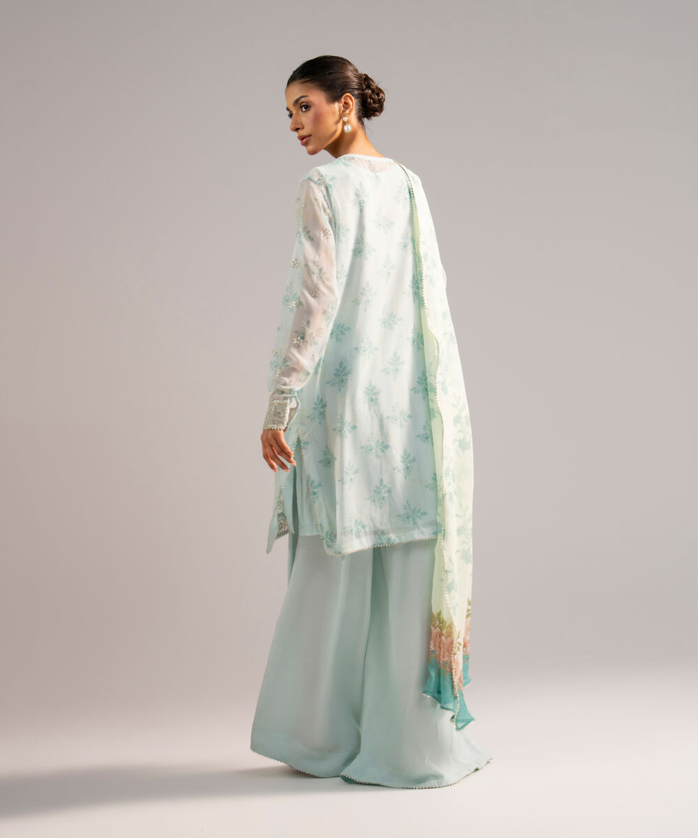 Women's RTW Chiffon Embroidered Blue 3 Piece Suit