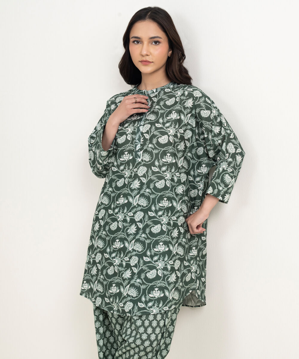 Women's RTW Lawn Printed Green Drop Shoulder Shirt
