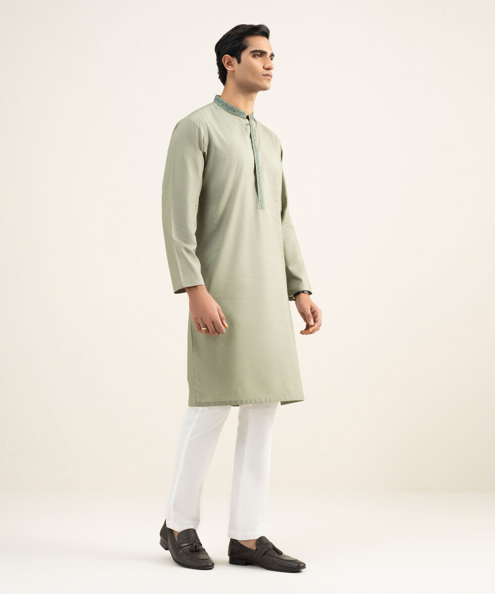 Men's Stitched Cotton Jacquard Light Olive Kurta