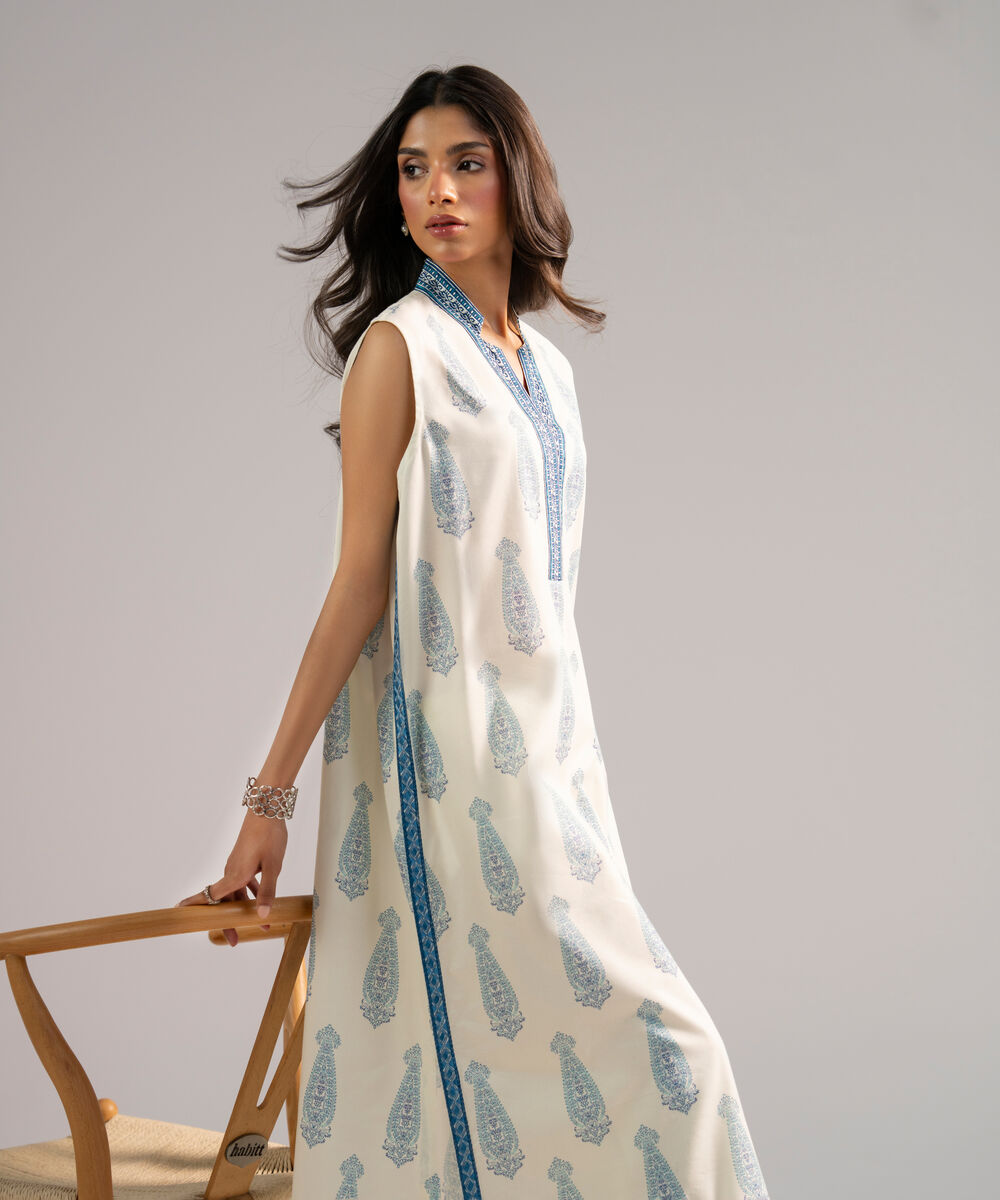 Women's RTW Cotton Viscose Embroidered Off White A-Line Shirt