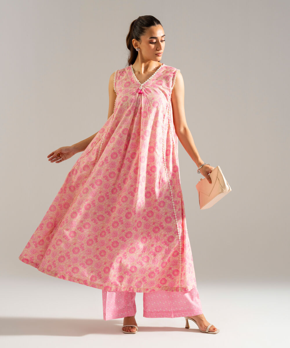 Women's RTW Slub Lawn Printed Pink A-Line Shirt