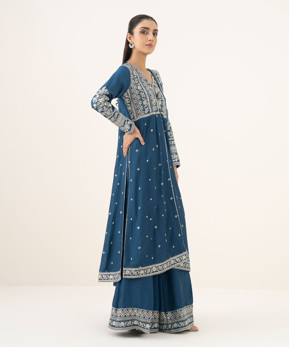 Women's RTW Raw Silk Embroidered Blue 3 Piece Suit