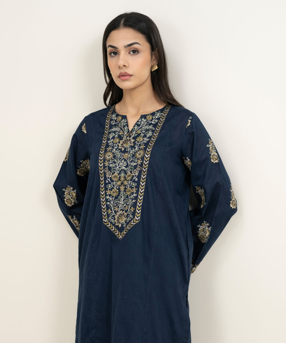 Women's RTW Self Jacquard Embroidered Blue Straight Shirt
