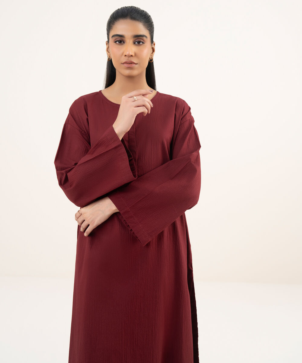 Women's RTW Seersucker Maroon Solid A-Line Shirt