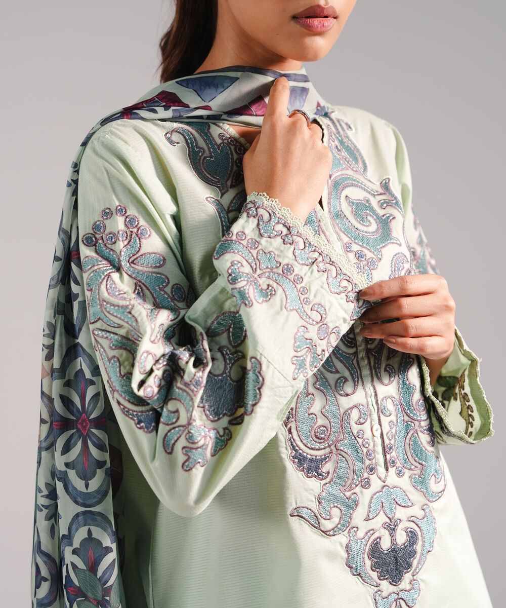 Women's RTW Zari Lawn Embroidered Mint Green 3 Piece Suit