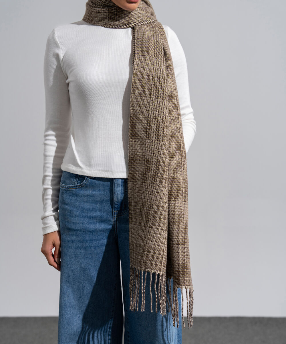 Women's Western Wear Brown And Off White Polyester Striped Woolen Scarf
