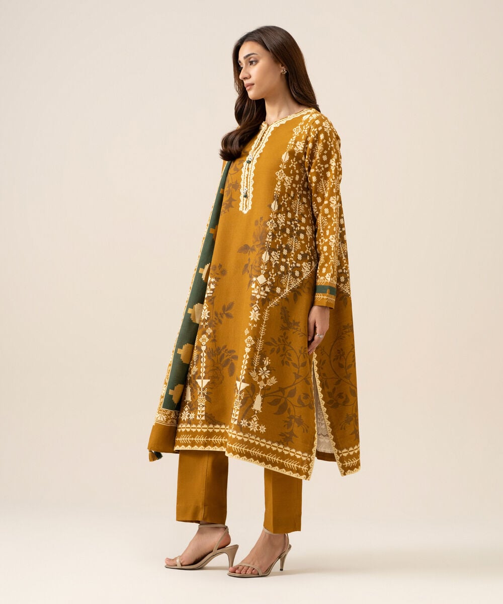 Women's Unstitched Light Khaddar Printed Mustard 3 Piece Suit