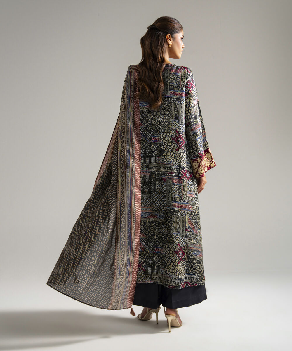 Women's RTW Bright Raw Silk Embroidered Black 3 Piece Suit
