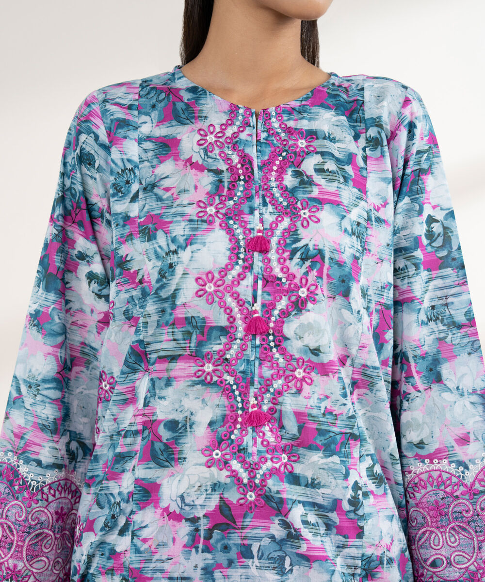 Women's RTW Lawn Blue Embroidered A-Line Shirt