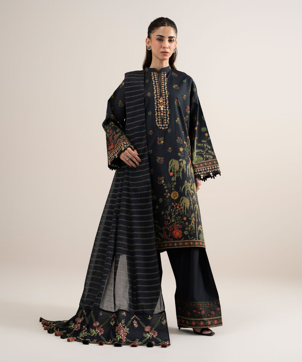 Women's Unstitched Lawn Embroidered Black 3 Piece Suit