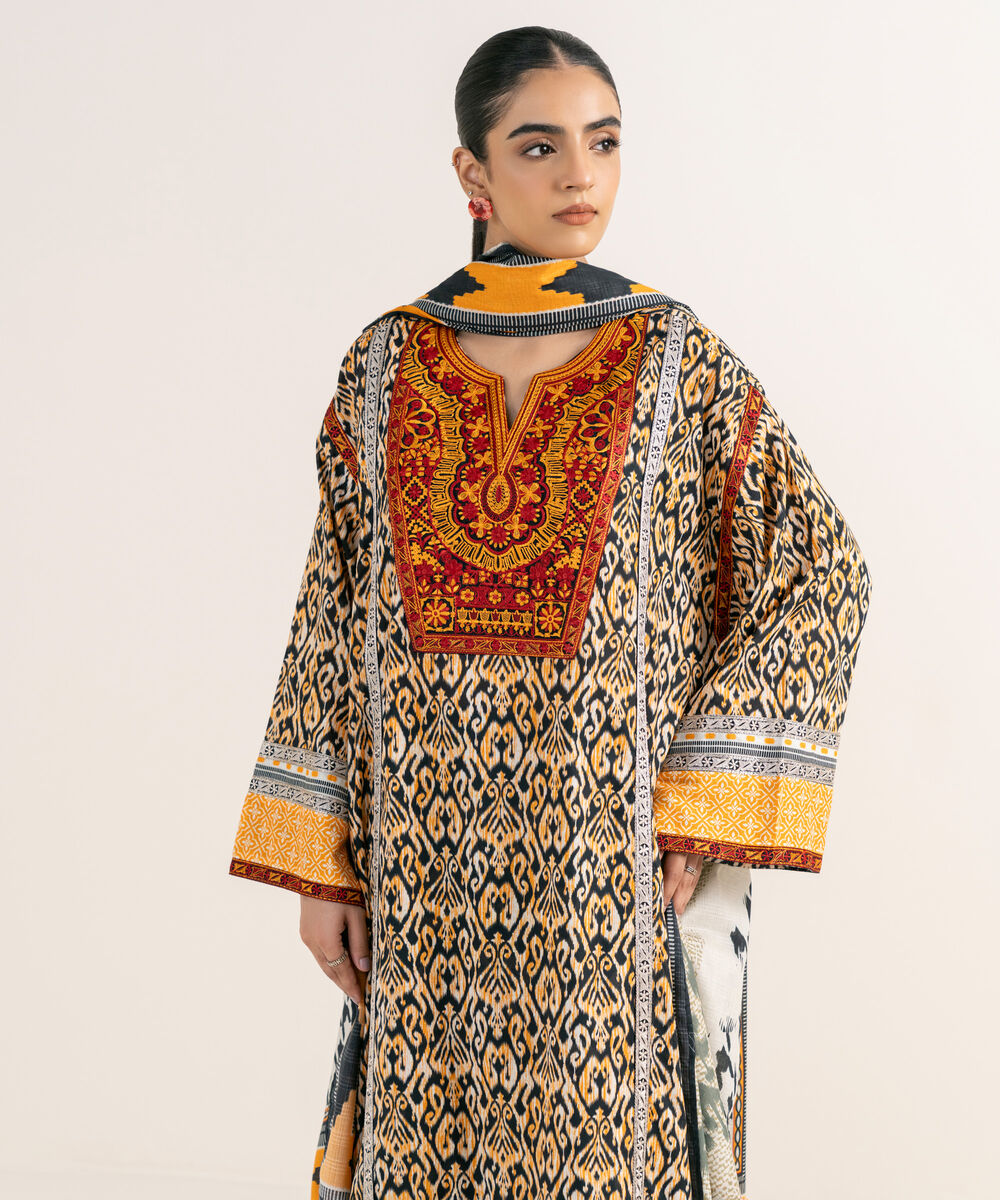 Women's RTW Lawn Beige Embroidered 3 Piece Suit