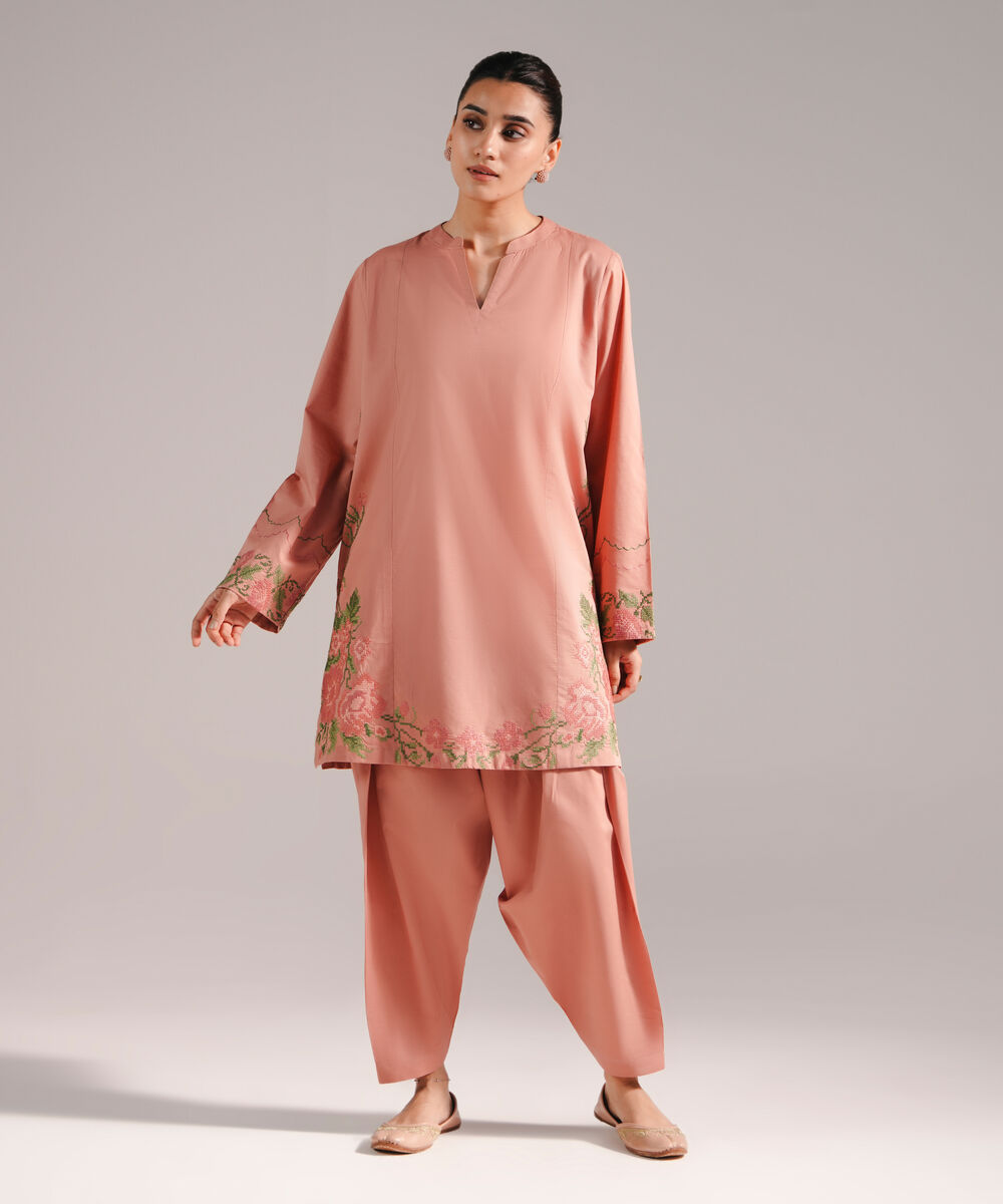 Women's RTW Slub Lawn Embroidered Straight Peach Shirt
