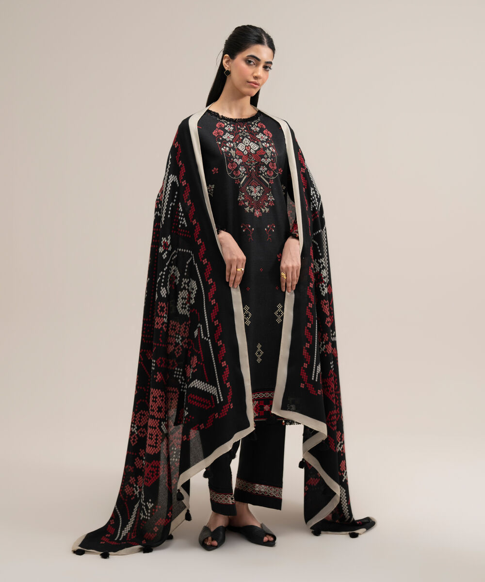Women's Unstitched Premium Khaddar Printed Black 3 Piece Suit