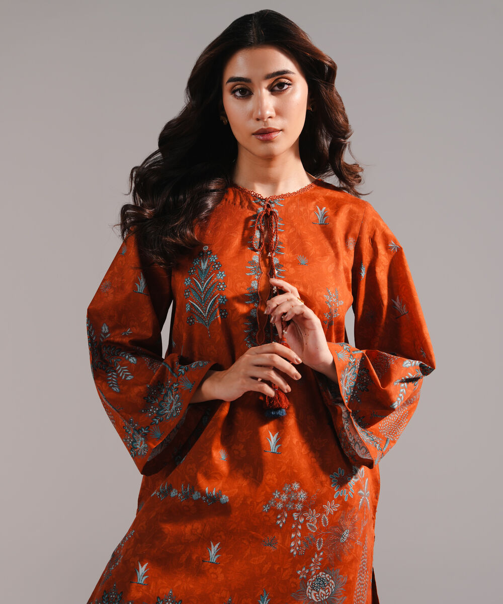 Women's RTW Lawn Printed Rust 2 Piece Suit
