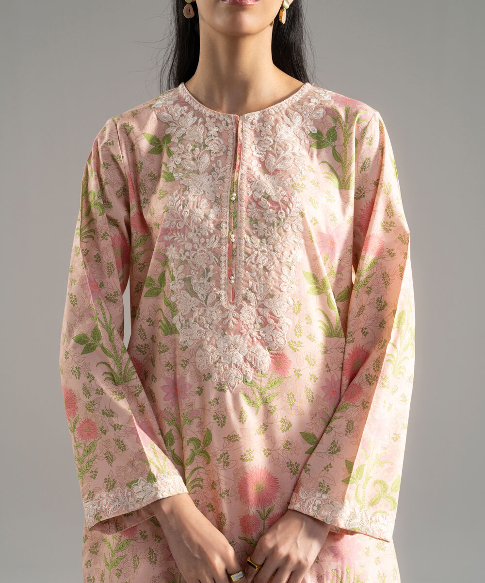 Women's RTW Cotton Viscose Printed Embroidered Pink 2 Piece Suit