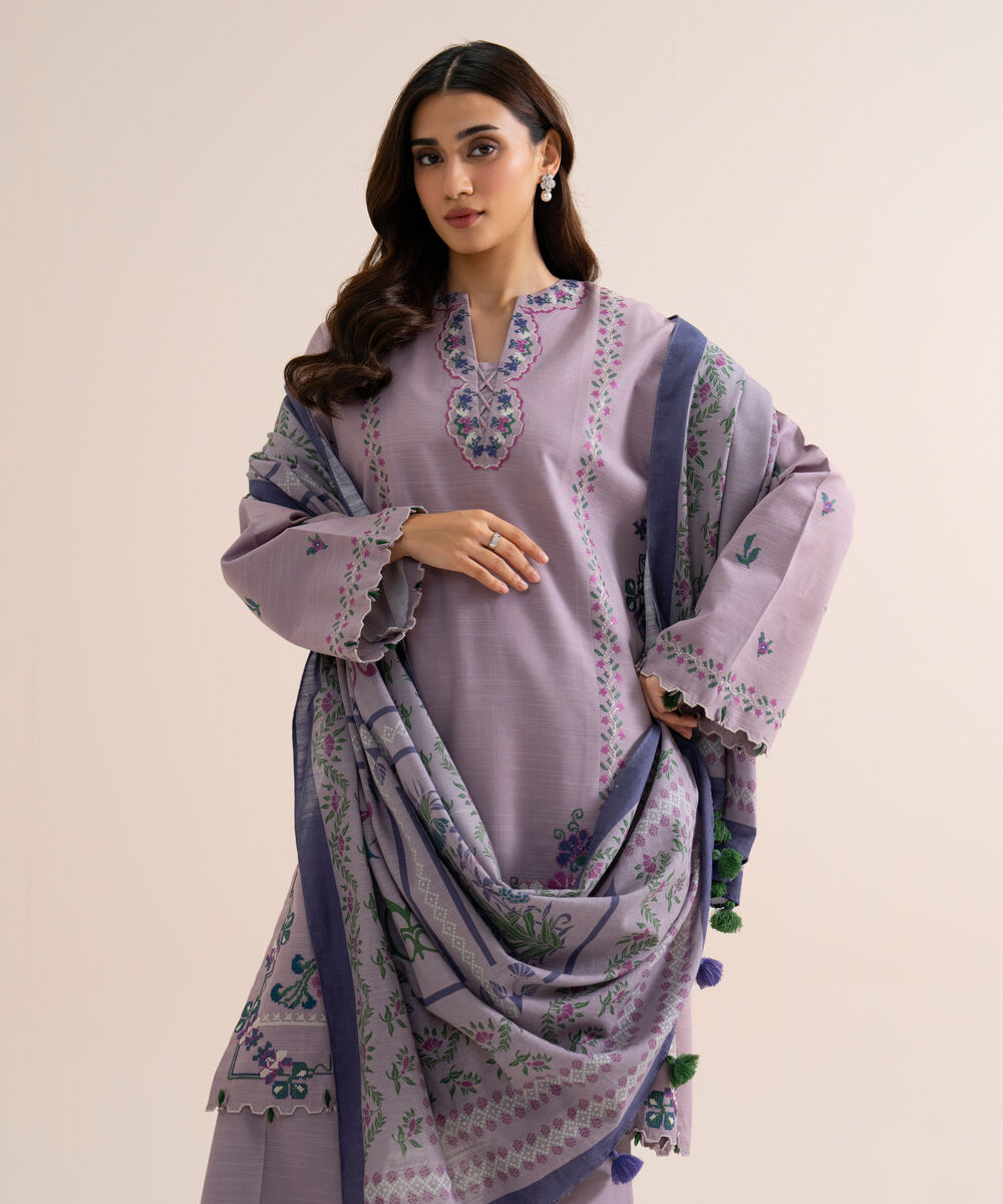 Women's Unstitched Light Khaddar Embroidered Lilac 3 Piece Suit