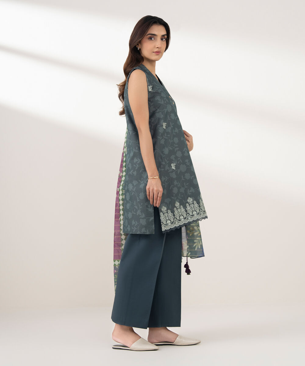 Women's Unstitched Zari Lawn Embroidered Grey 3 Piece Suit