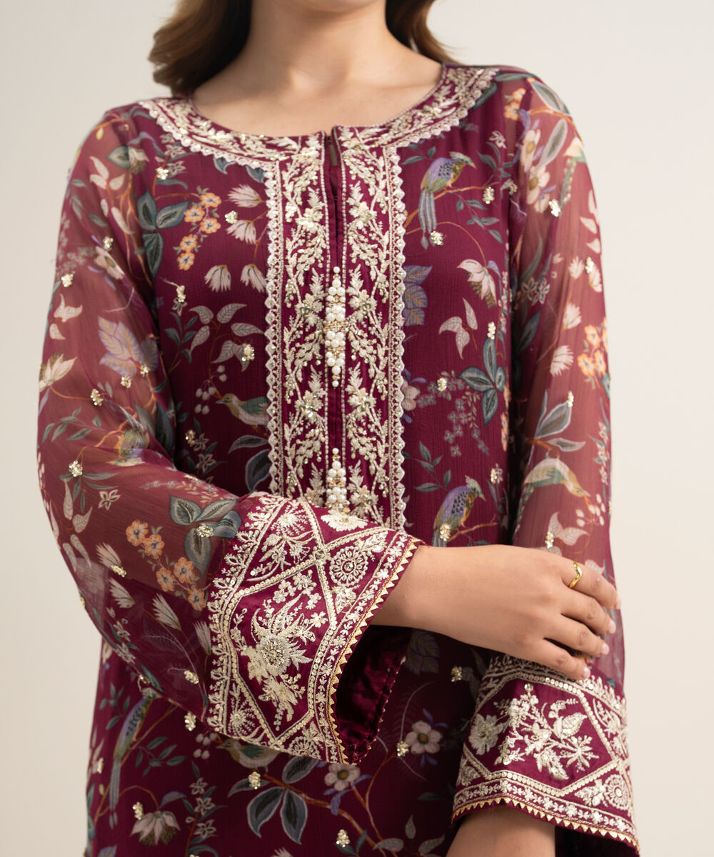 Women's RTW Blended Chiffon Embroidered Pink 2 Piece Suit