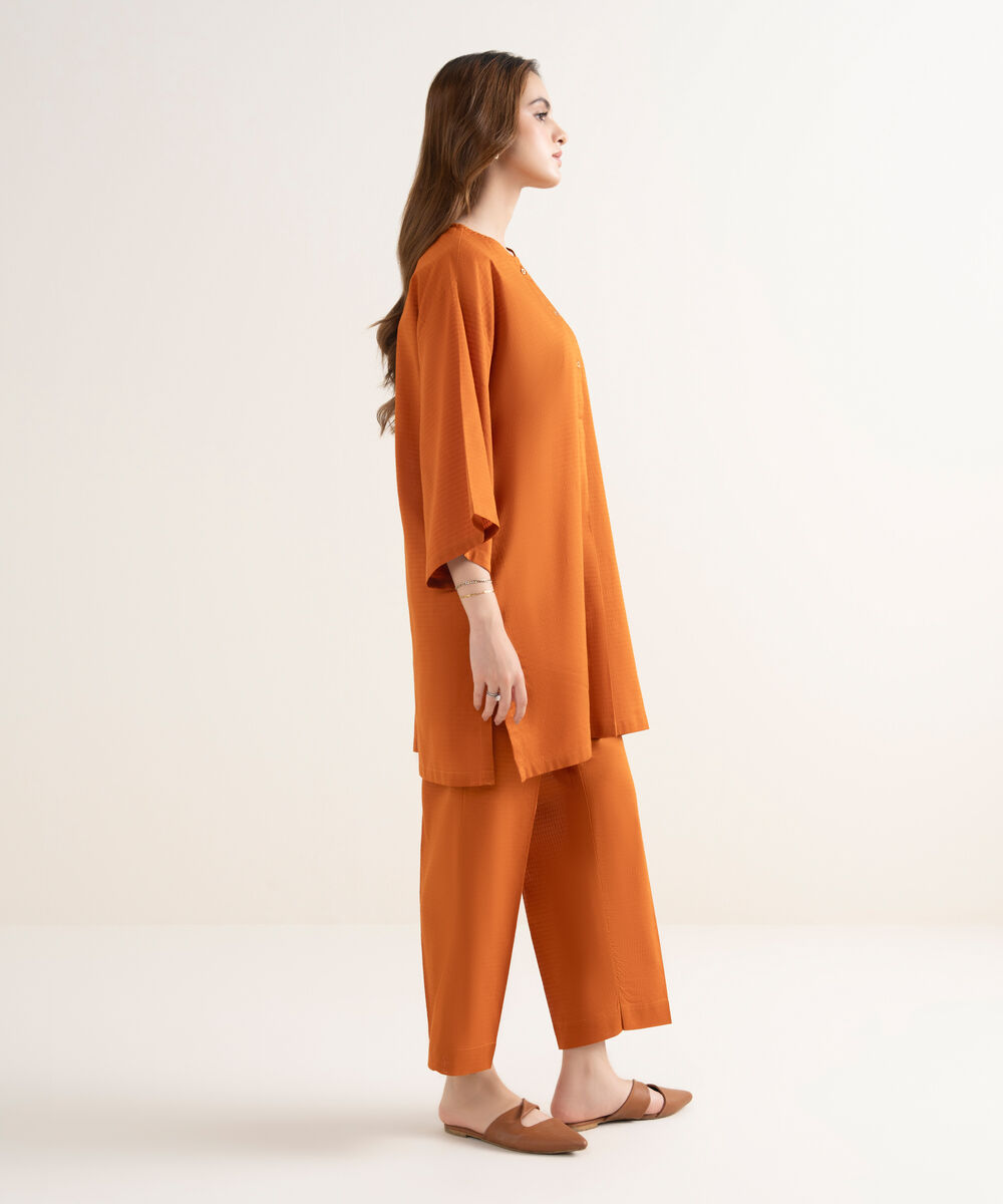 Women's RTW Handwoven Dobby Solid Boxy Orange Shirt