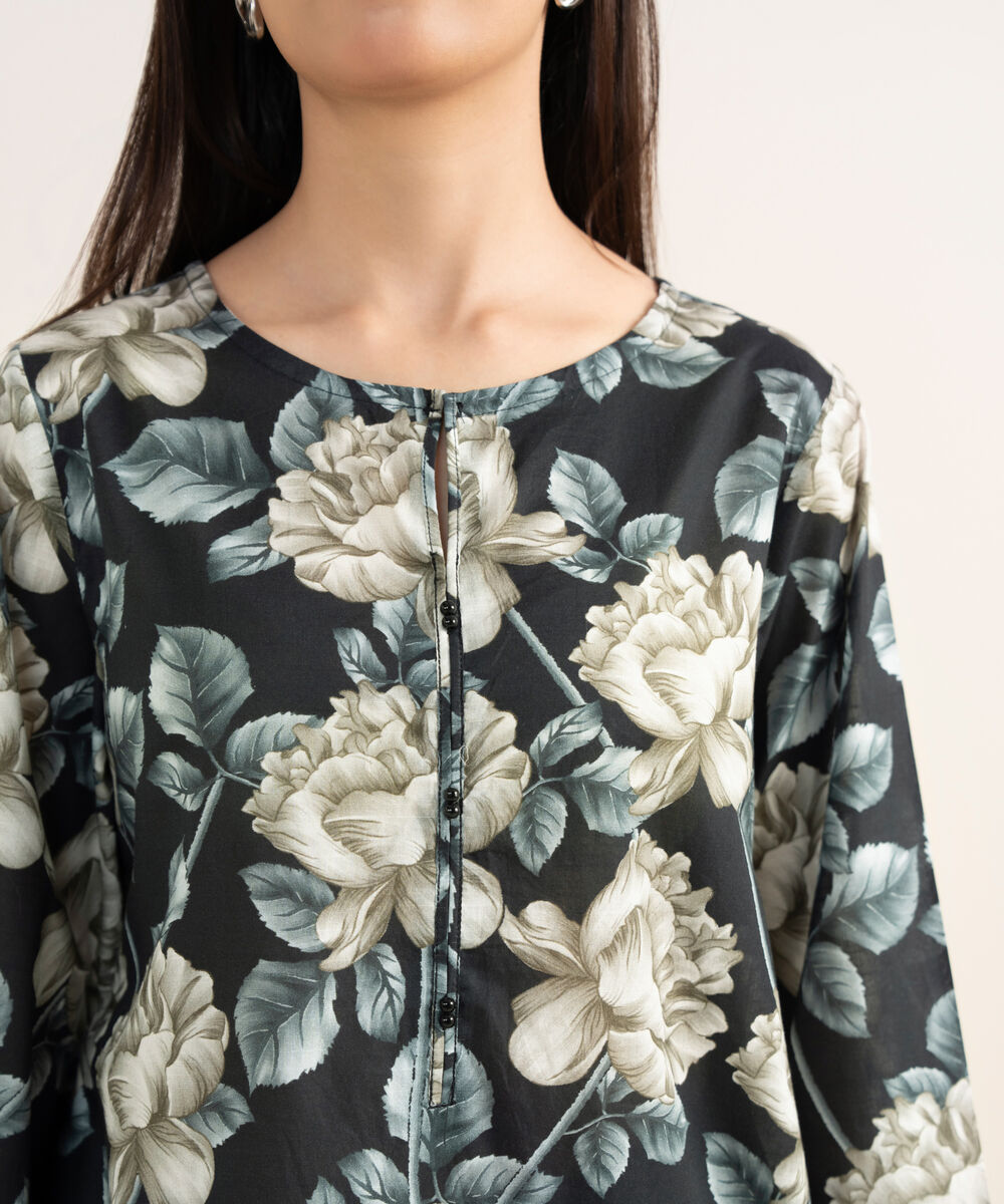 Women's RTW Textured Lawn Black Embroidered A-Line Shirt