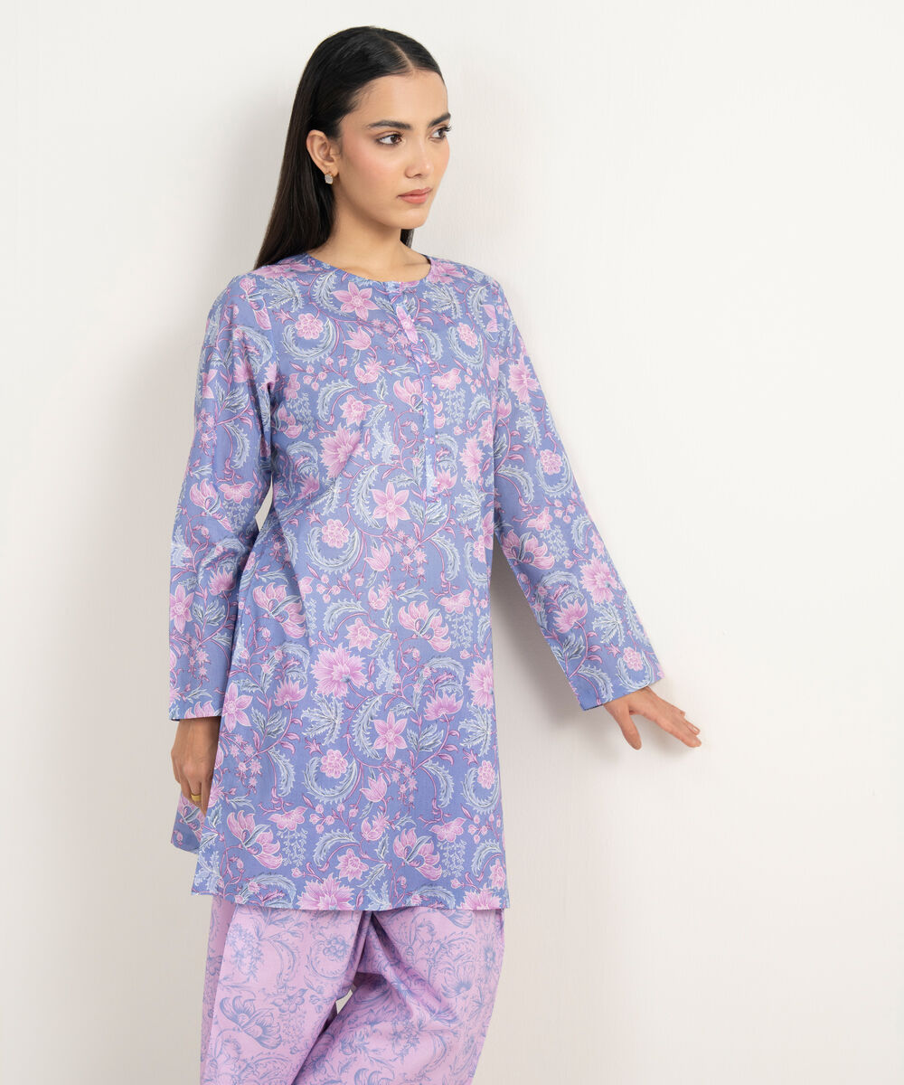 Women's RTW Lawn Printed Purple Straight Shirt