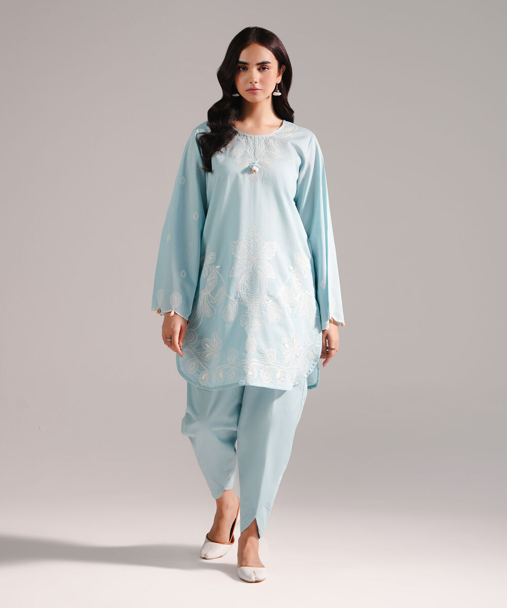 Women's RTW Crosshatch Embroidered Ice Blue Straight Shirt