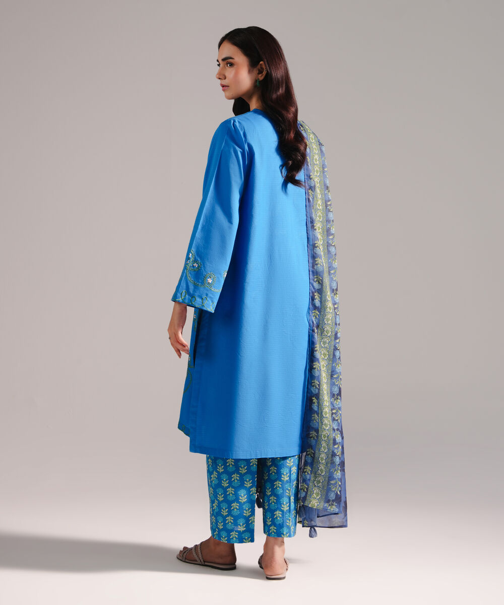 Women's RTW Dobby Embroidered Blue 3 Piece Suit