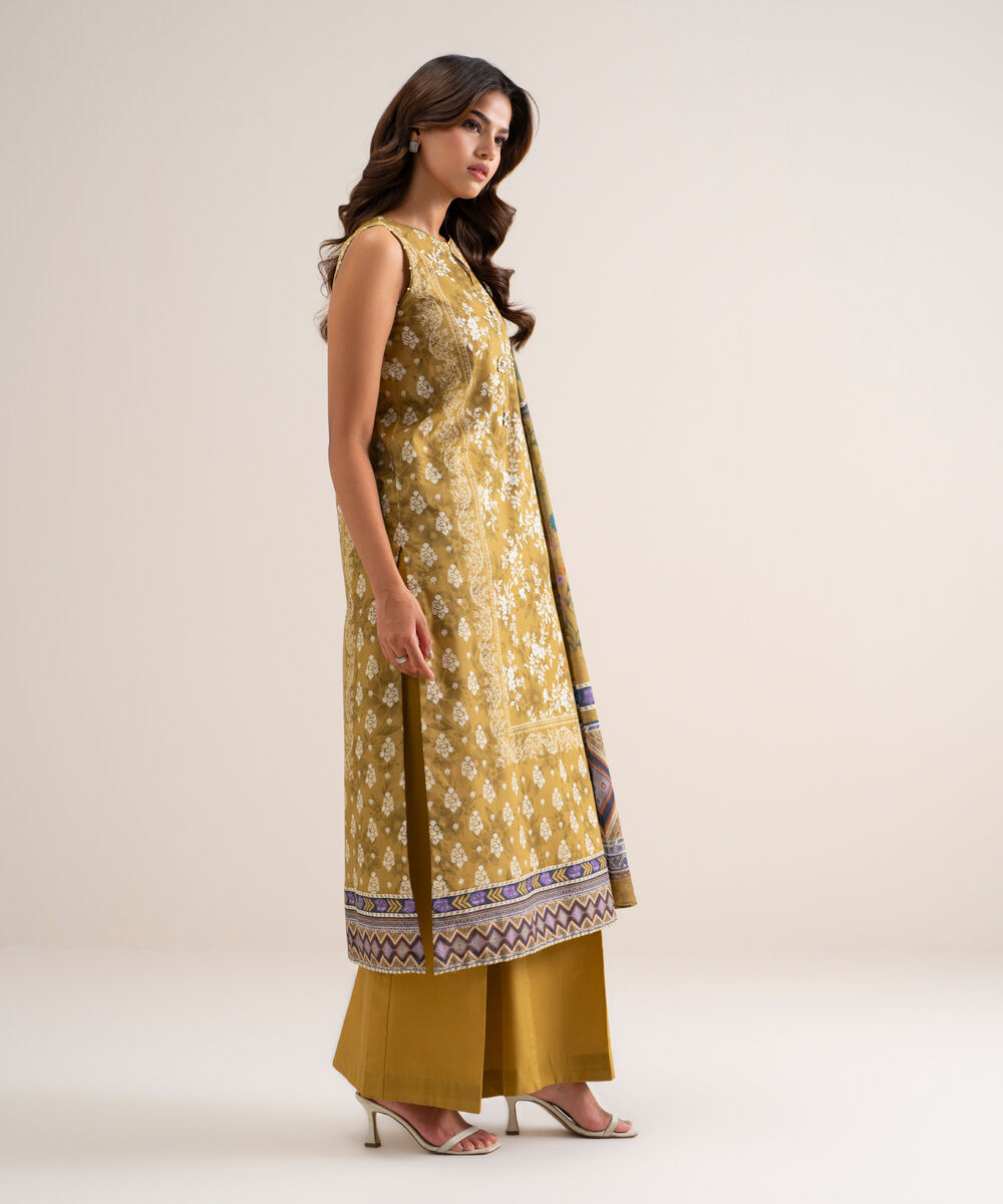 Women's Unstitched Printed Lawn Mustard 3 Piece Suit