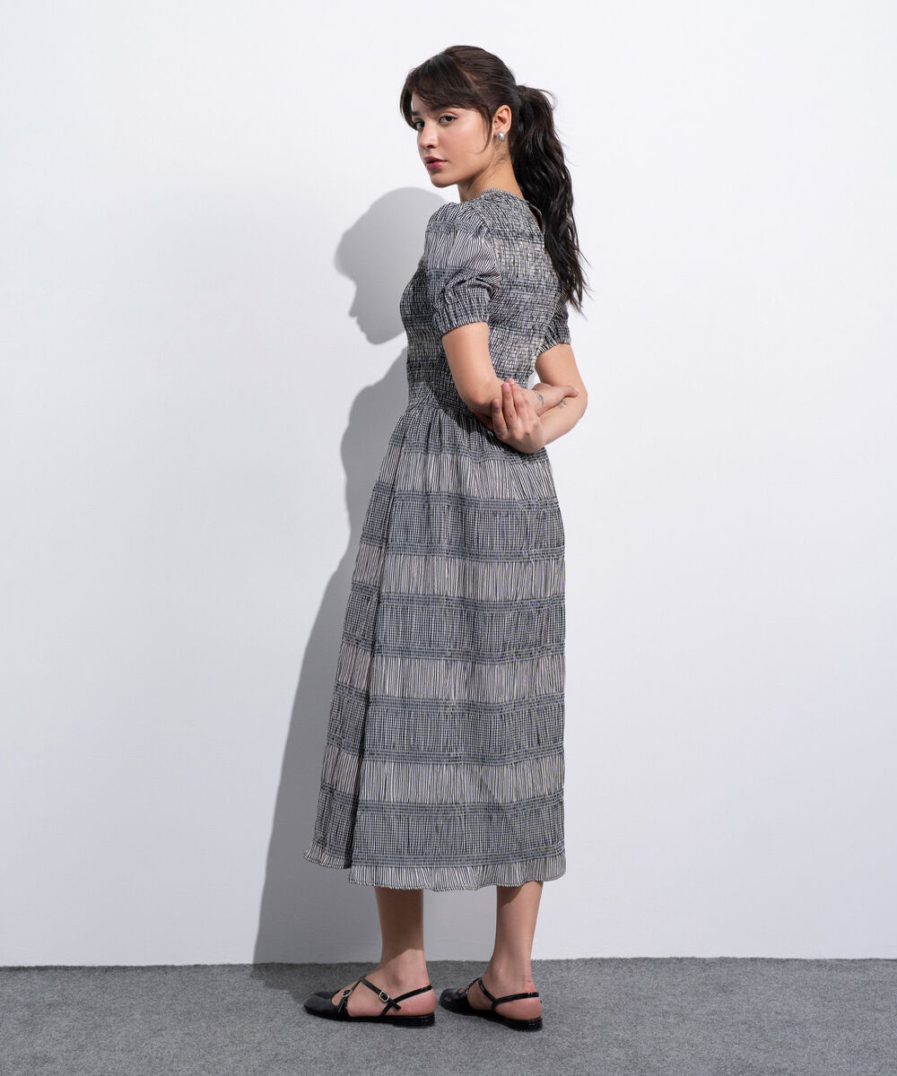 Women's Western Black And White Smocked Seersucker Gingham Dress