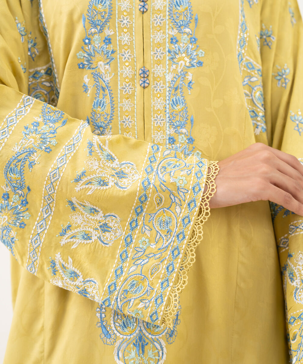 Women's RTW Textured Viscose Embroidered A-Line Yellow Shirt