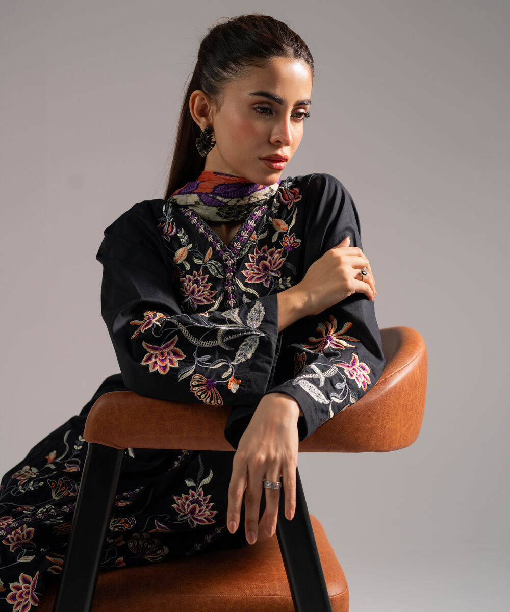 Women's RTW Cambric Embroidered Black 3 Piece Suit