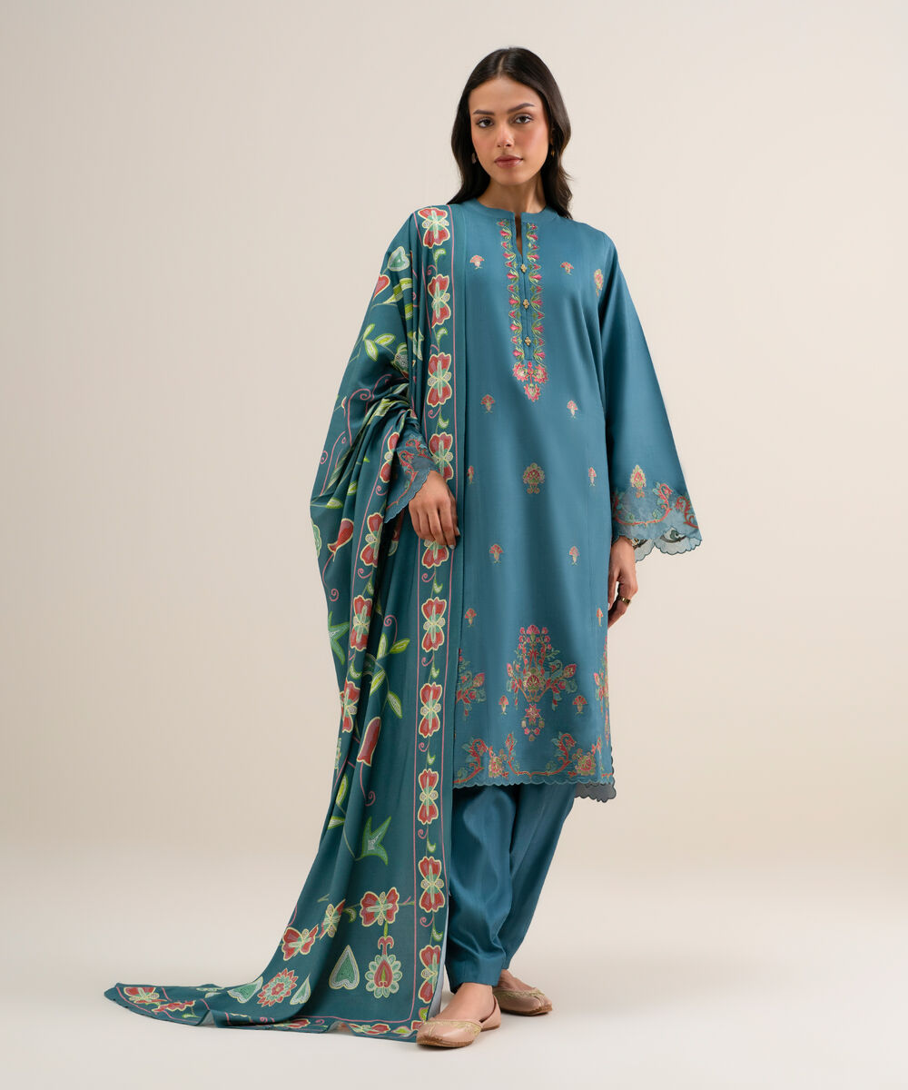 Women's Unstitched Embroidered Linen Teal Blue 3 Piece Suit