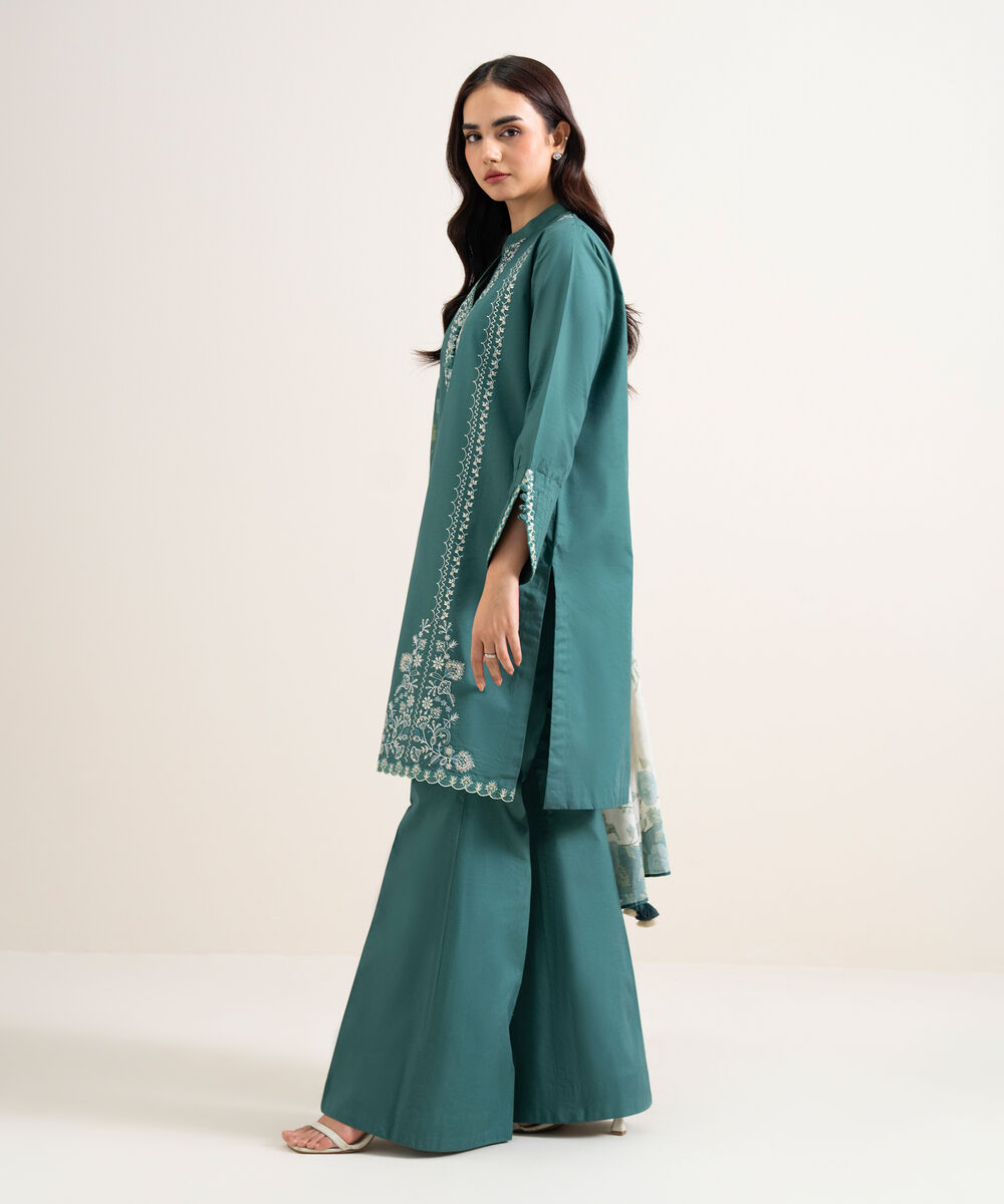 Women's Unstitched Lawn Embroidered Teal 3 Piece Suit