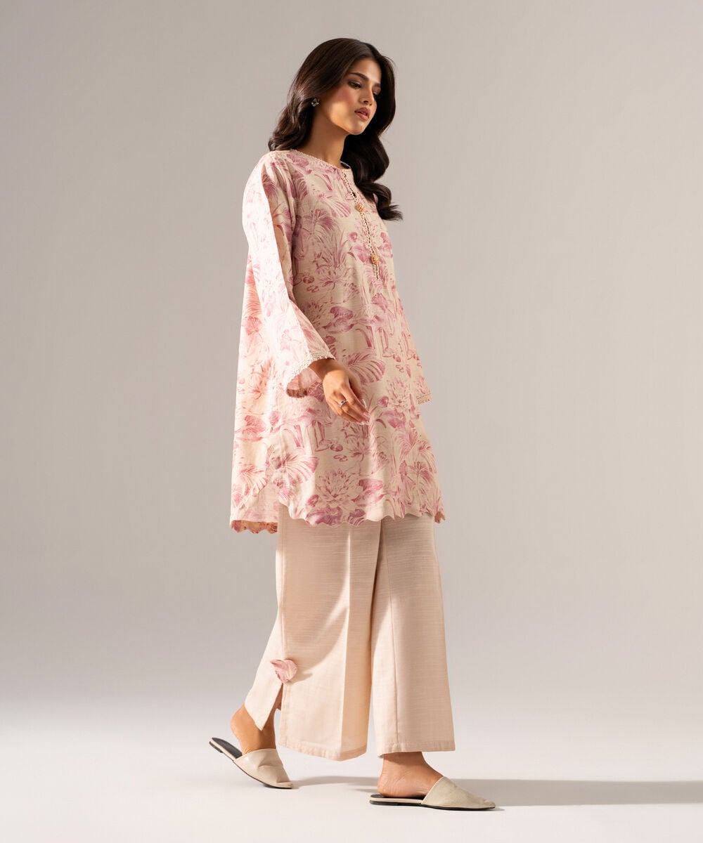 Women's RTW Khaddar Printed Beige Straight Shirt